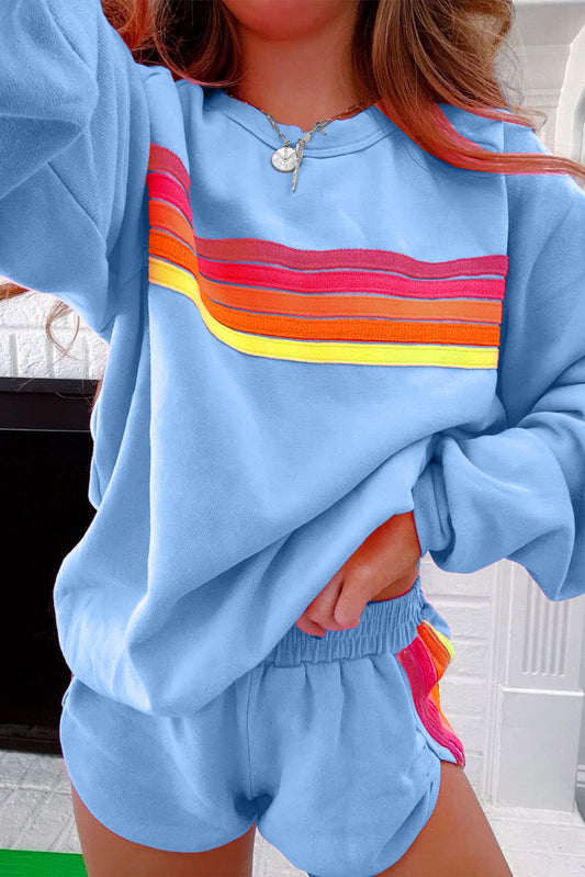 Beau Blue Colorful Striped Long Sleeve Pullover and Shorts Set