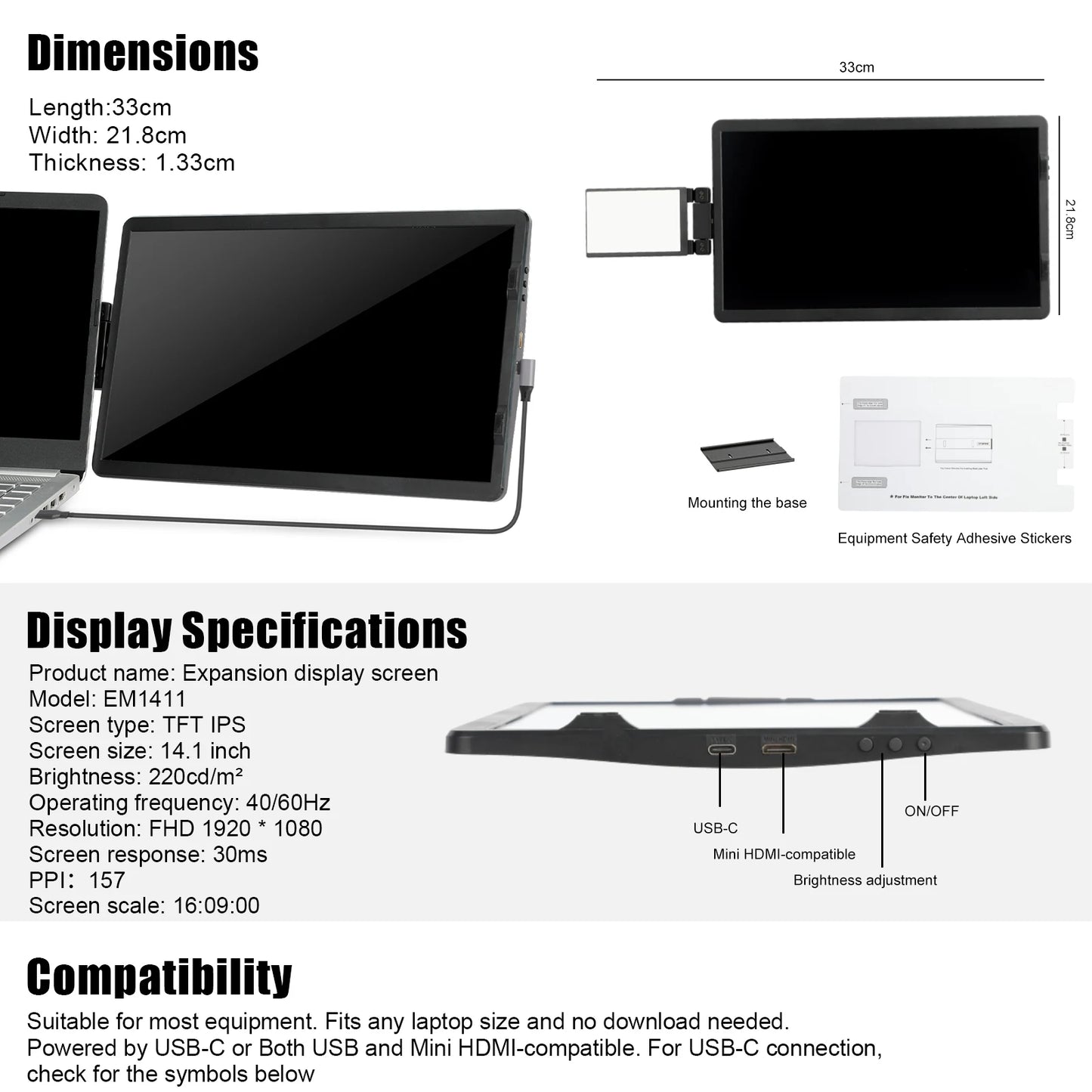 LCD Laptop Monitor; Foldable Screen For Conference, Office, Computer, & Gaming