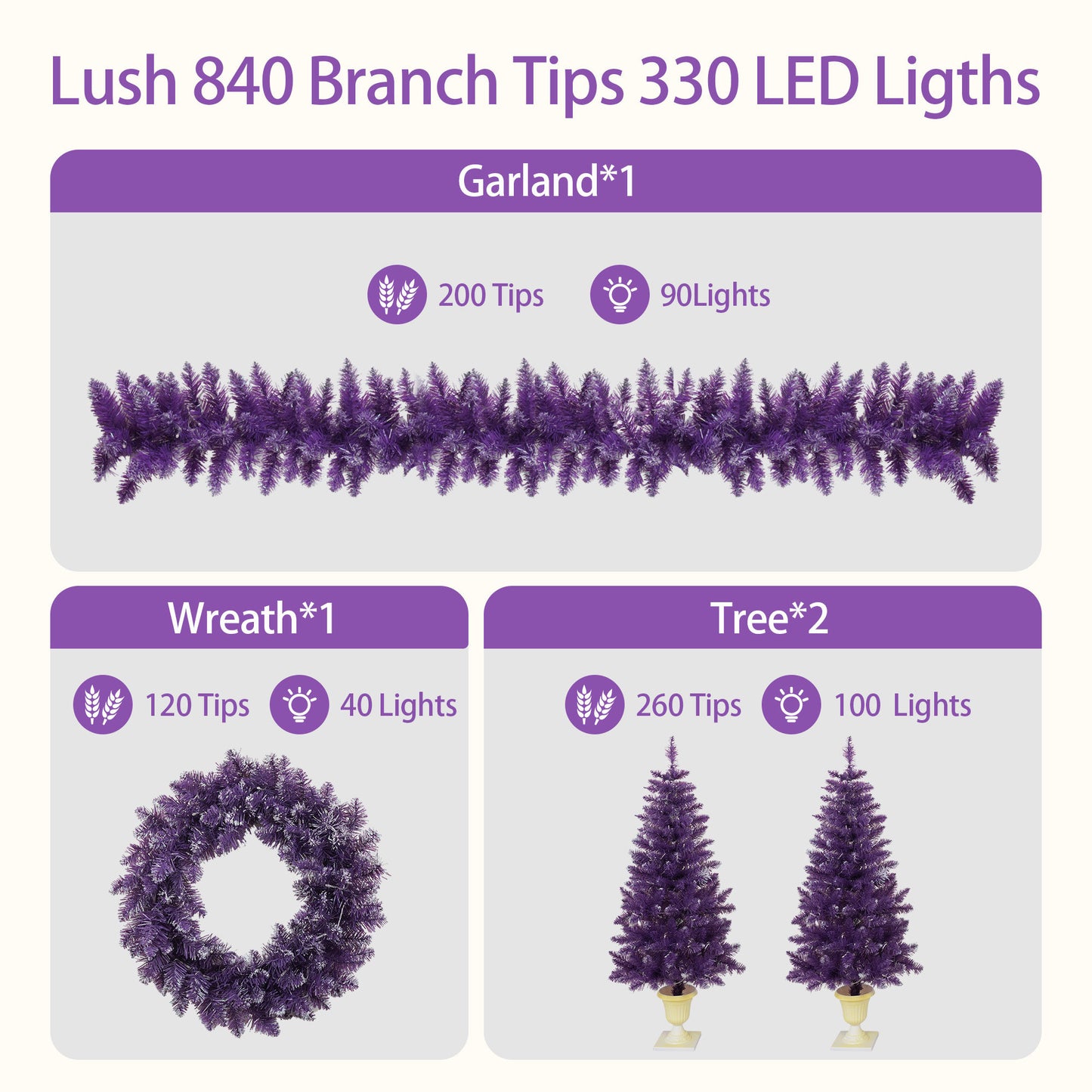 4-Piece Set/Purple Garland, Wreath and Set of 2 Pre-lit Christmas Artificial Trees