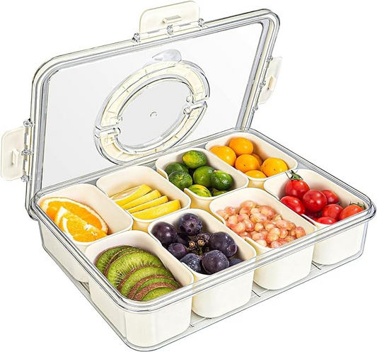 8 Divided Snack Boxes with Utensil Tray, Toast Plate, Lid, Stackable and Removable Fruit and Vegetable Containers, for Travel Snack Candy Nuts Spice