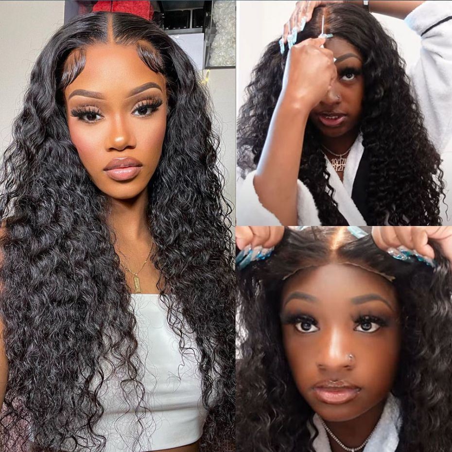 Glueless Ready to Wear Deep Wave Lace Closure Wig with 100% Human Hair- Pre Plucked, 4x6 Water Curly Brazilian 32, 34, 36Inch