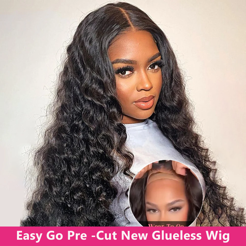 Glueless Ready to Wear Deep Wave Lace Closure Wig with 100% Human Hair- Pre Plucked, 4x6 Water Curly Brazilian 32, 34, 36Inch