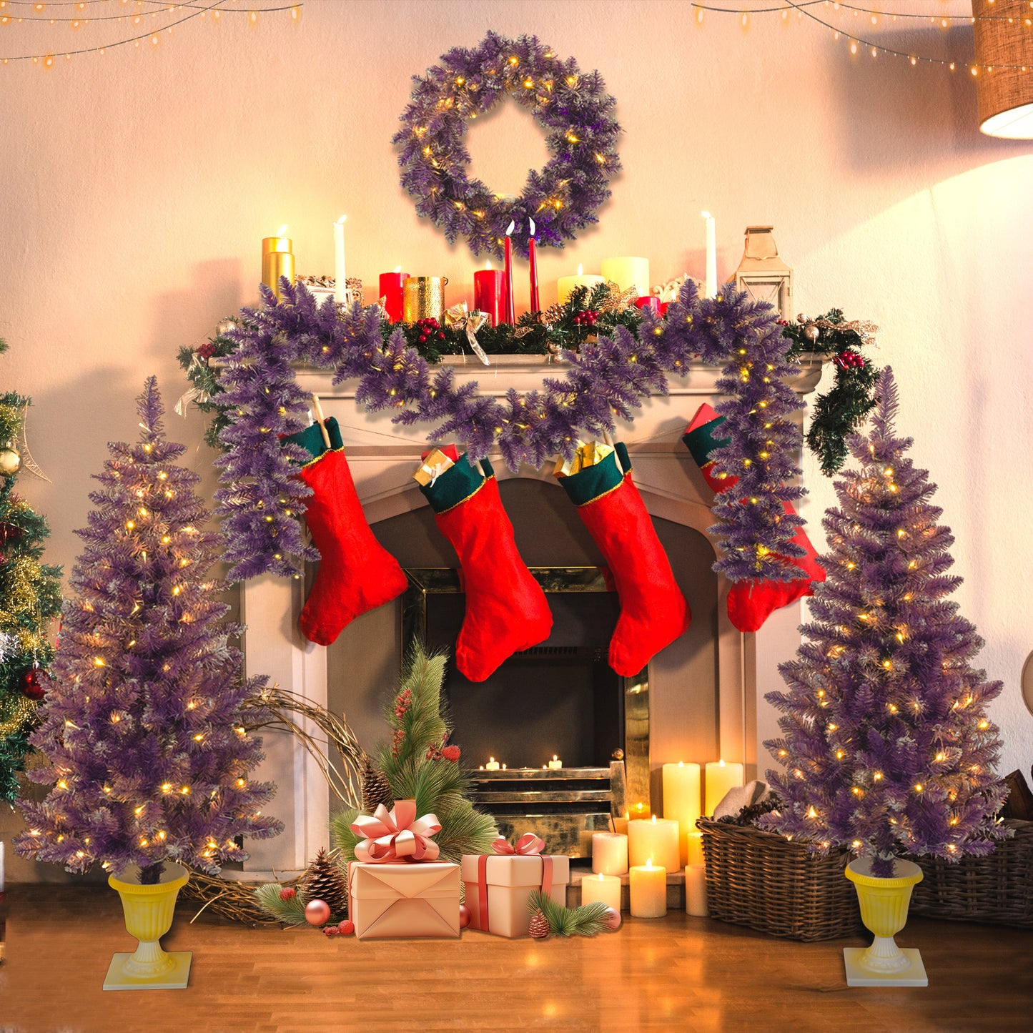 4-Piece Set/Purple Garland, Wreath and Set of 2 Pre-lit Christmas Artificial Trees