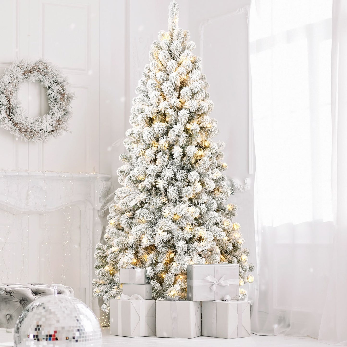 5ft Pre-lit Fluffy Flocked Artificial Christmas Tree Environmentally Friendly Fireproof