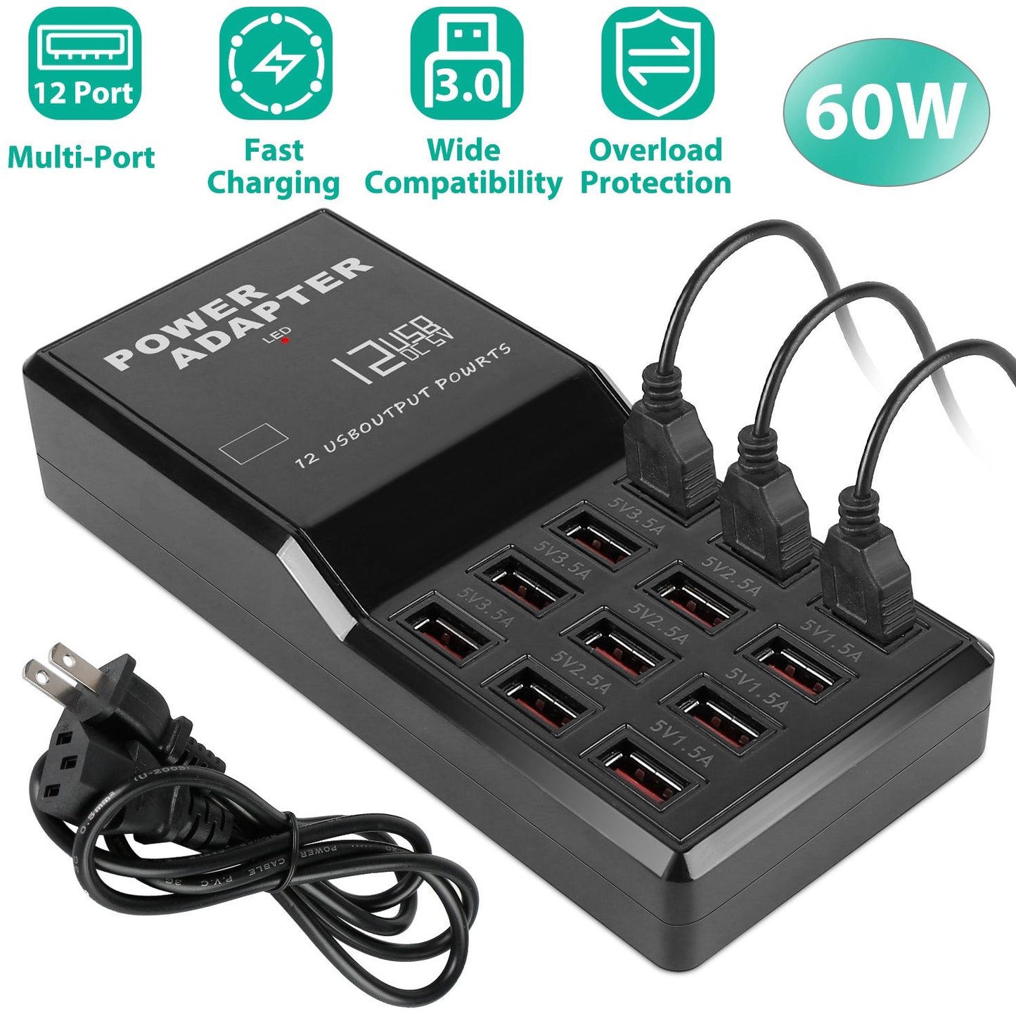 Multi 12 Port USB Fast Charging Station Hub 60W Desktop