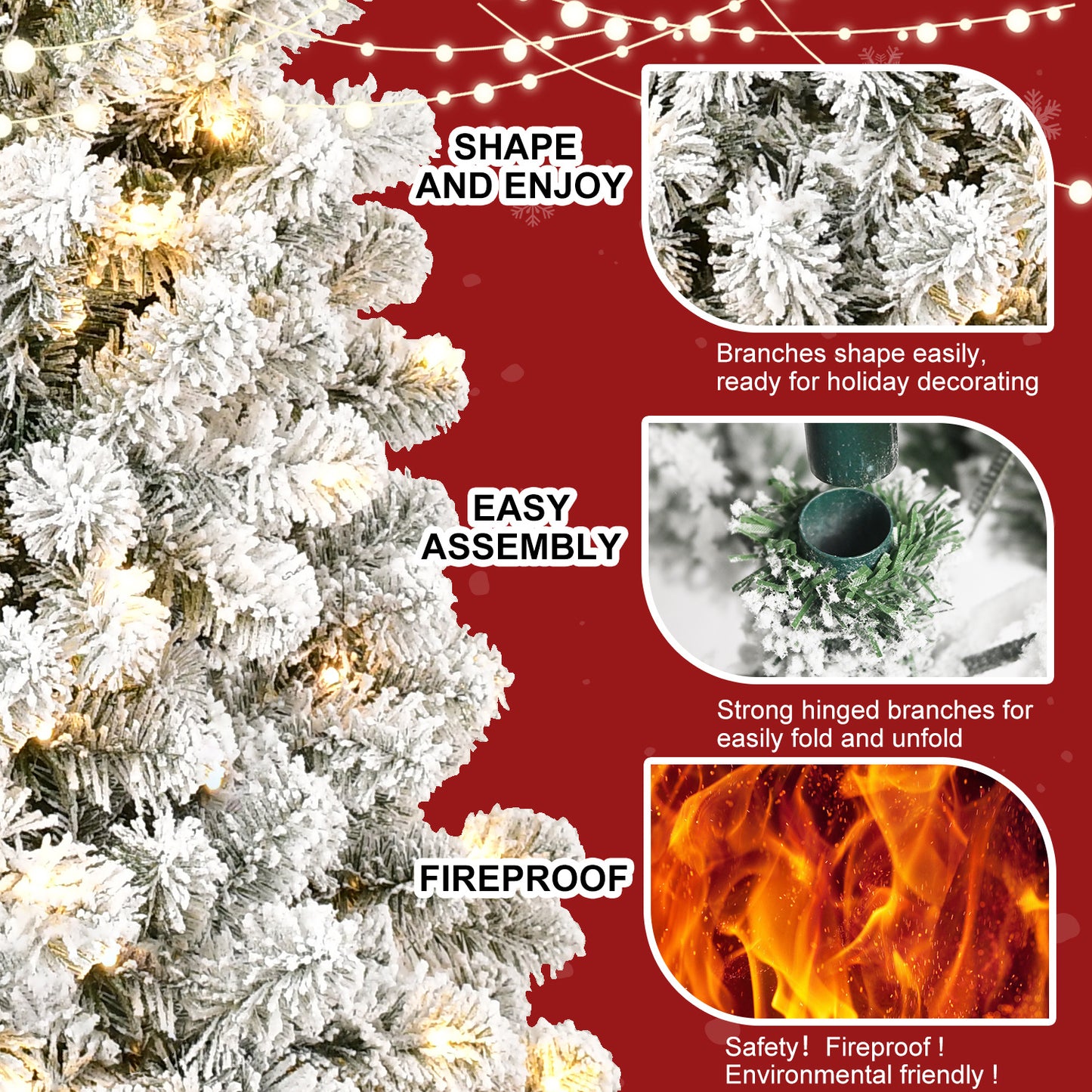 6ft Pre-lit Flocked Artificial Christmas Tree Environmentally Friendly & Fireproof