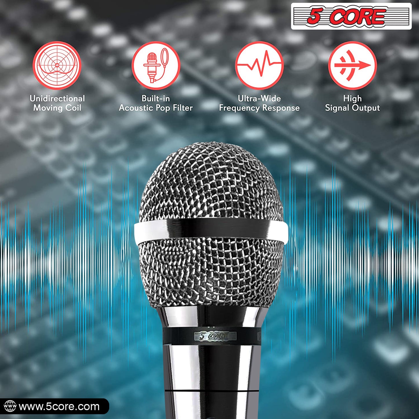 5 CORE Microphone for Dynamic Vocals, Handheld, Unidirectional w On Off Switch + XLR Audio Cable for Singing Karaoke Public Speaking & Parties -