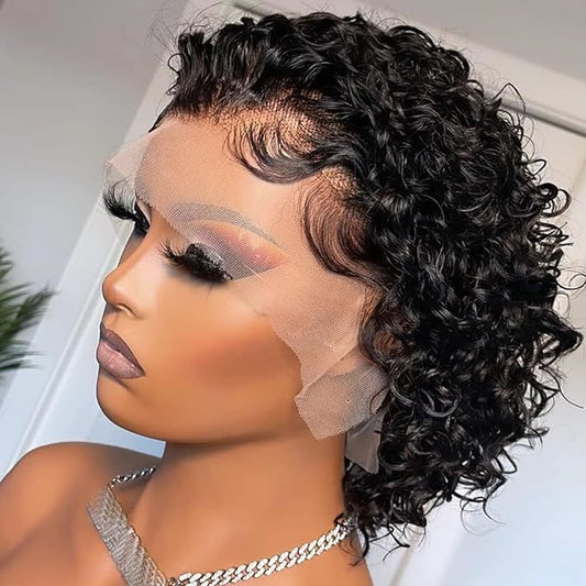 Short Curly Lace Front Wigs Human Hair Wigs for Black Women Pixie Cut Wigs Human Hair Short Curly Human Hair Wigs Pre Plucked with Baby Hair 150% Density Natural Black