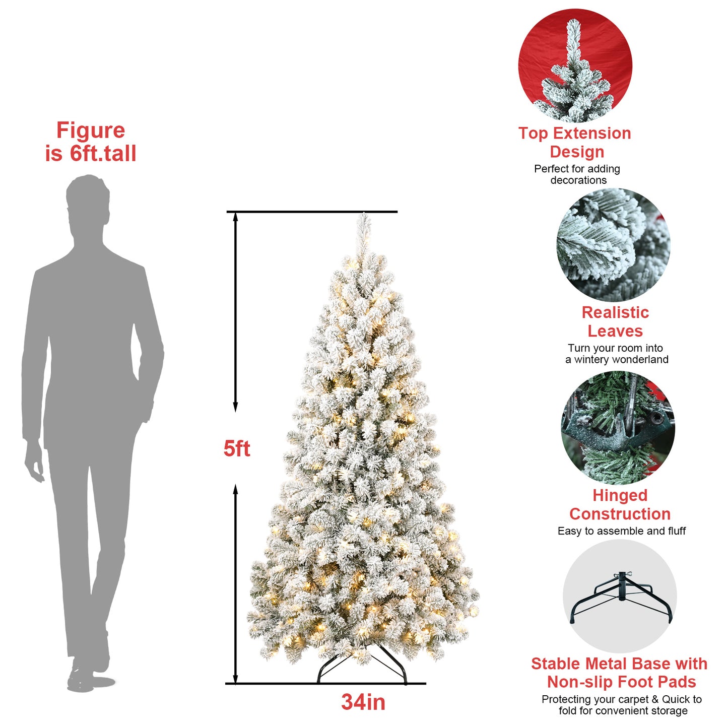 6ft Pre-lit Flocked Artificial Christmas Tree Environmentally Friendly & Fireproof