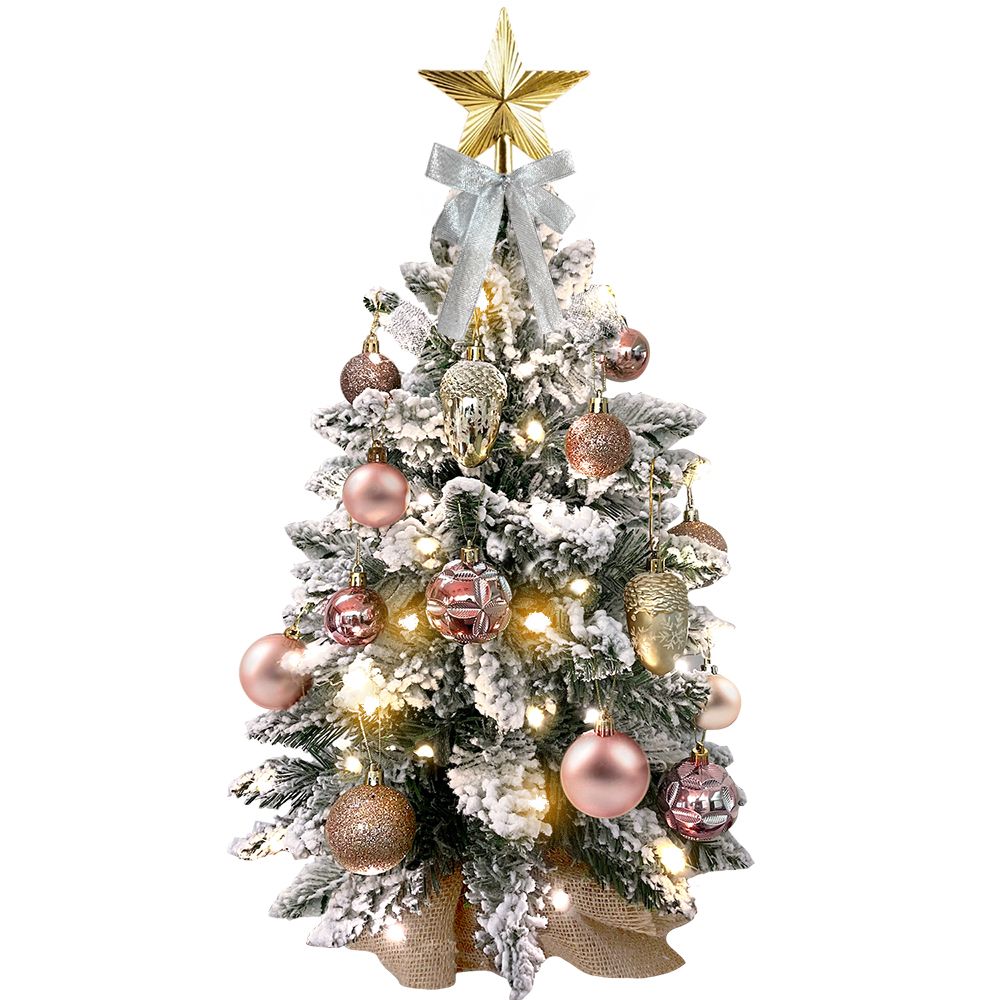 22in Mini Tabletop Christmas Decorated Christmas Tree with Flocked Snow, Exquisite Decor & Xmas Ornaments