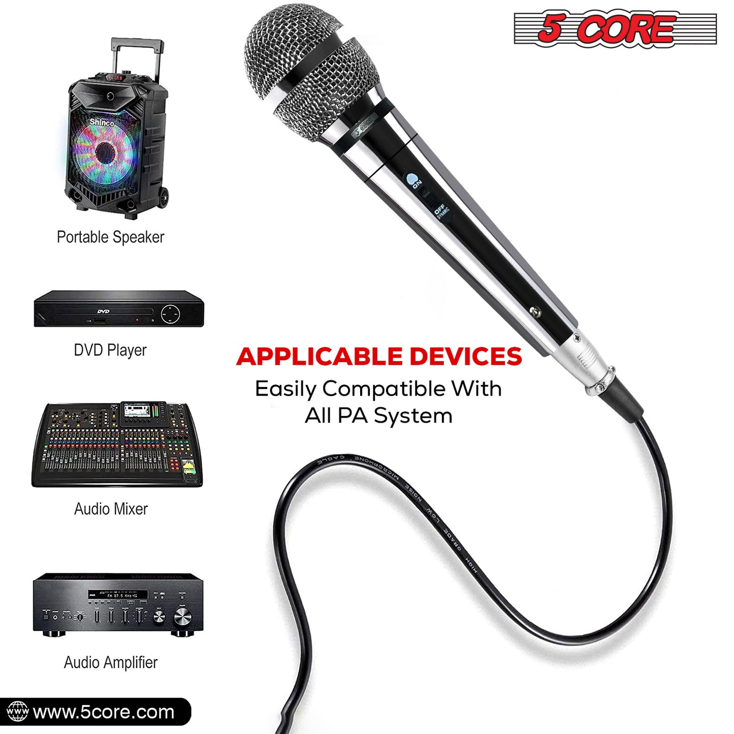 5 CORE Microphone for Dynamic Vocals, Handheld, Unidirectional w On Off Switch + XLR Audio Cable for Singing Karaoke Public Speaking & Parties -