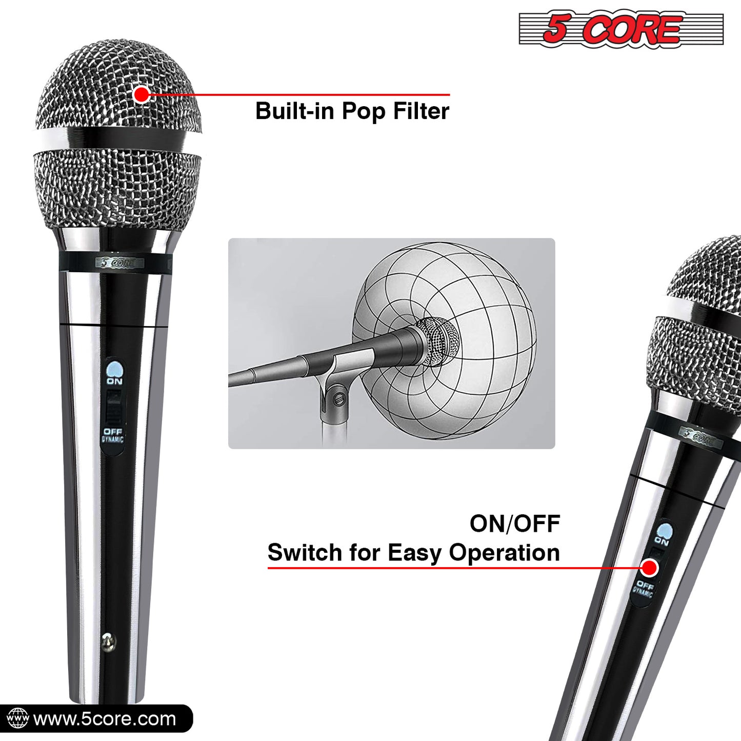 5 CORE Microphone for Dynamic Vocals, Handheld, Unidirectional w On Off Switch + XLR Audio Cable for Singing Karaoke Public Speaking & Parties -