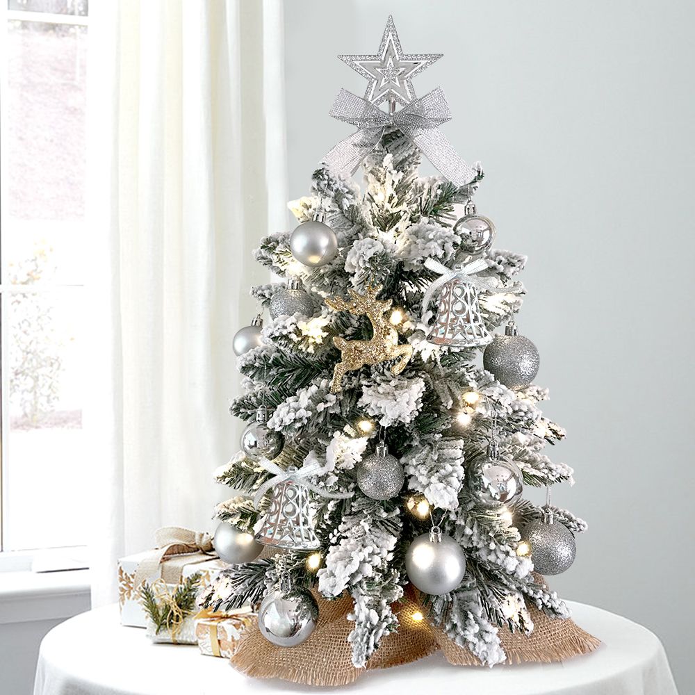 22in Mini Tabletop Christmas Decorated Christmas Tree with Flocked Snow, Exquisite Decor & Xmas Ornaments