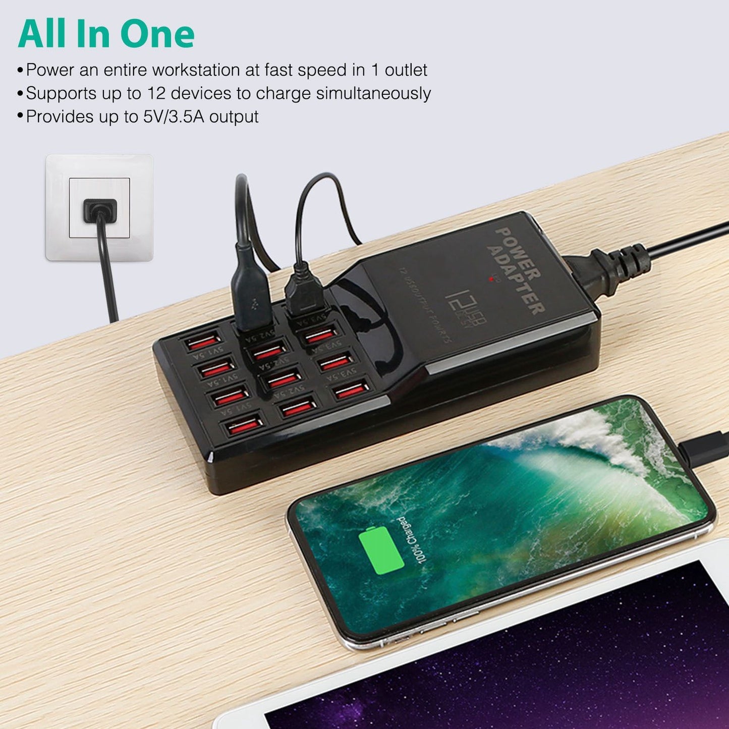 Multi 12 Port USB Fast Charging Station Hub 60W Desktop