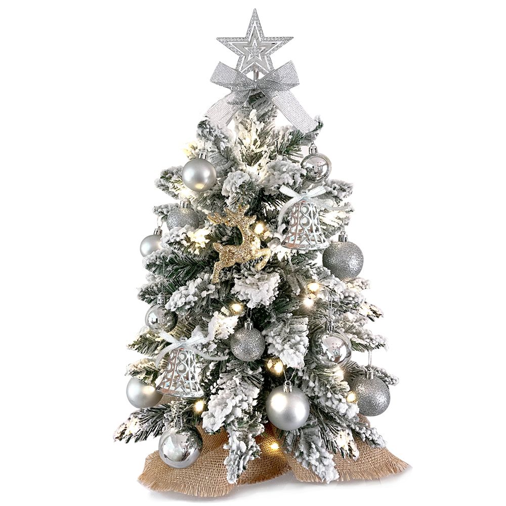 22in Mini Tabletop Christmas Decorated Christmas Tree with Flocked Snow, Exquisite Decor & Xmas Ornaments