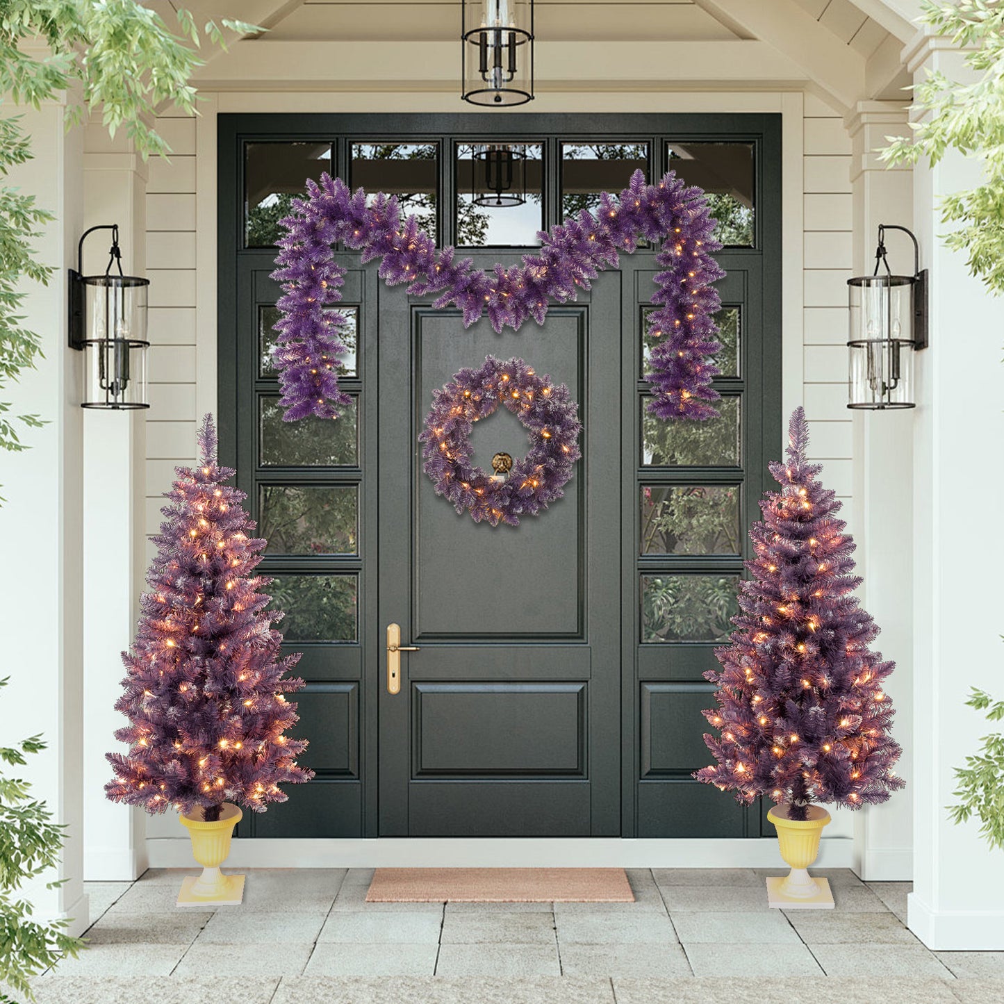 4-Piece Set/Purple Garland, Wreath and Set of 2 Pre-lit Christmas Artificial Trees