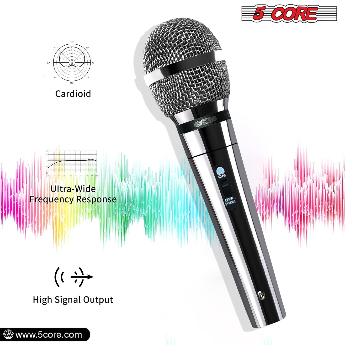 5 CORE Microphone for Dynamic Vocals, Handheld, Unidirectional w On Off Switch + XLR Audio Cable for Singing Karaoke Public Speaking & Parties -