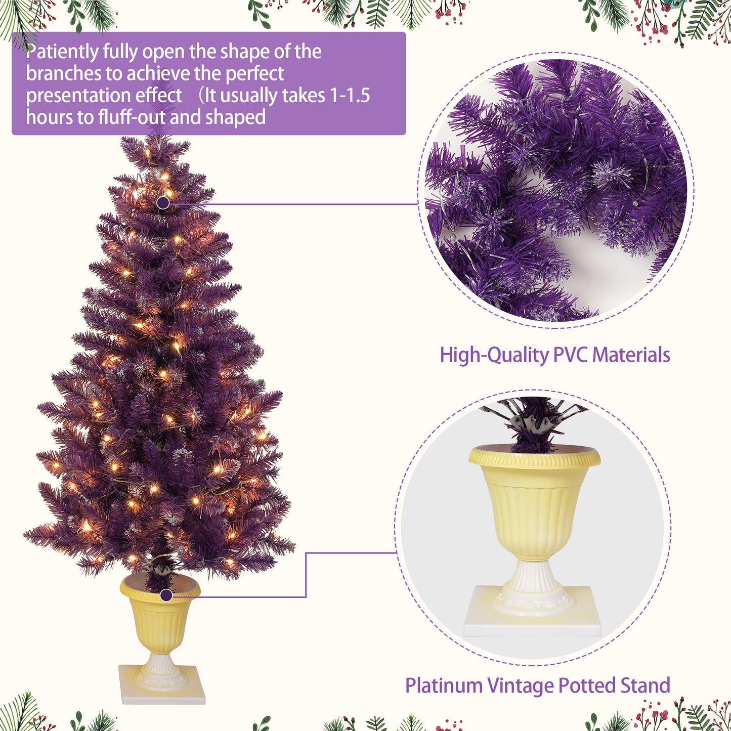 4-Piece Set/Purple Garland, Wreath and Set of 2 Pre-lit Christmas Artificial Trees