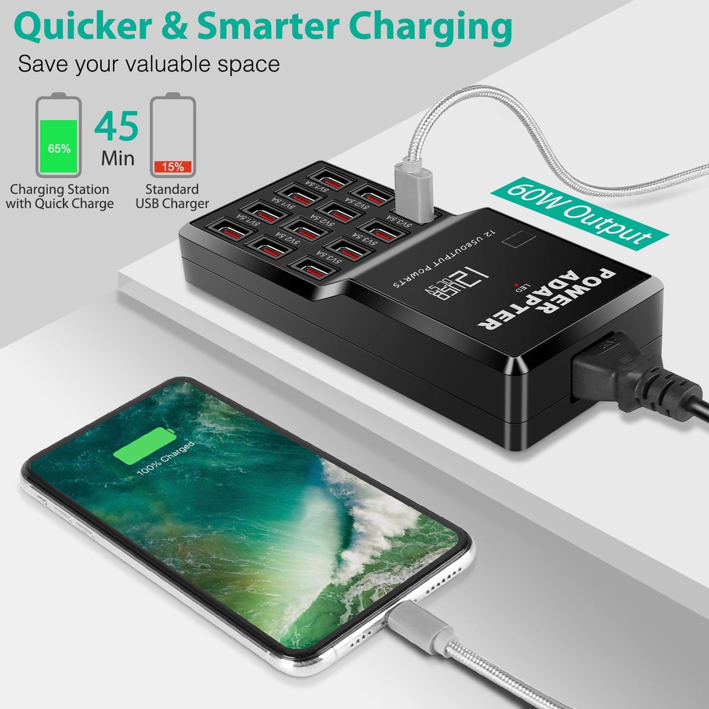 Multi 12 Port USB Fast Charging Station Hub 60W Desktop