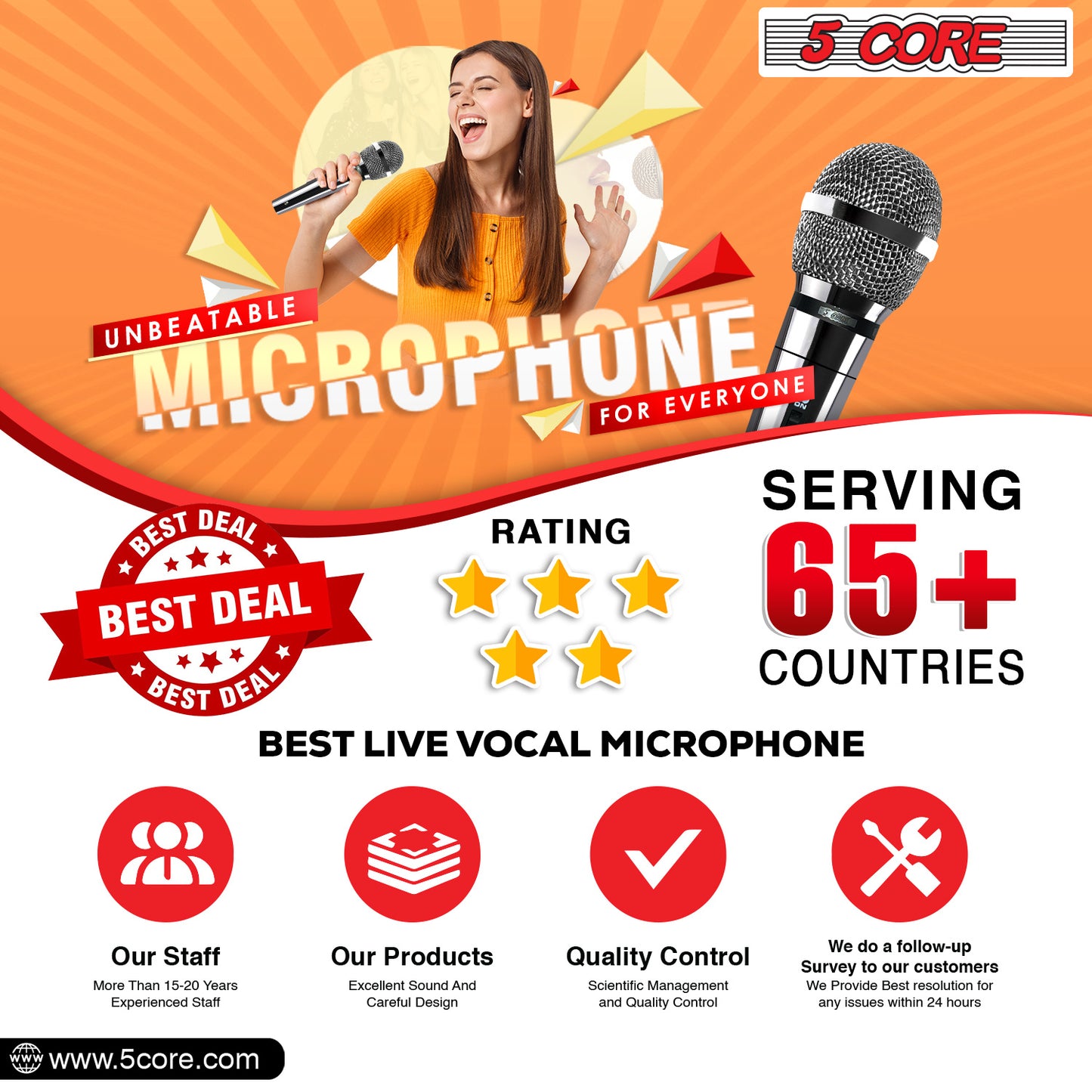 5 CORE Microphone for Dynamic Vocals, Handheld, Unidirectional w On Off Switch + XLR Audio Cable for Singing Karaoke Public Speaking & Parties -