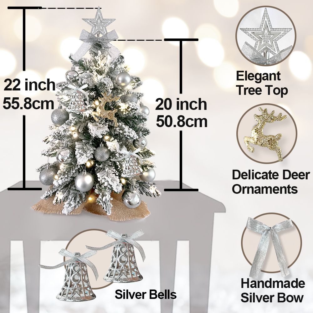 22in Mini Tabletop Christmas Decorated Christmas Tree with Flocked Snow, Exquisite Decor & Xmas Ornaments