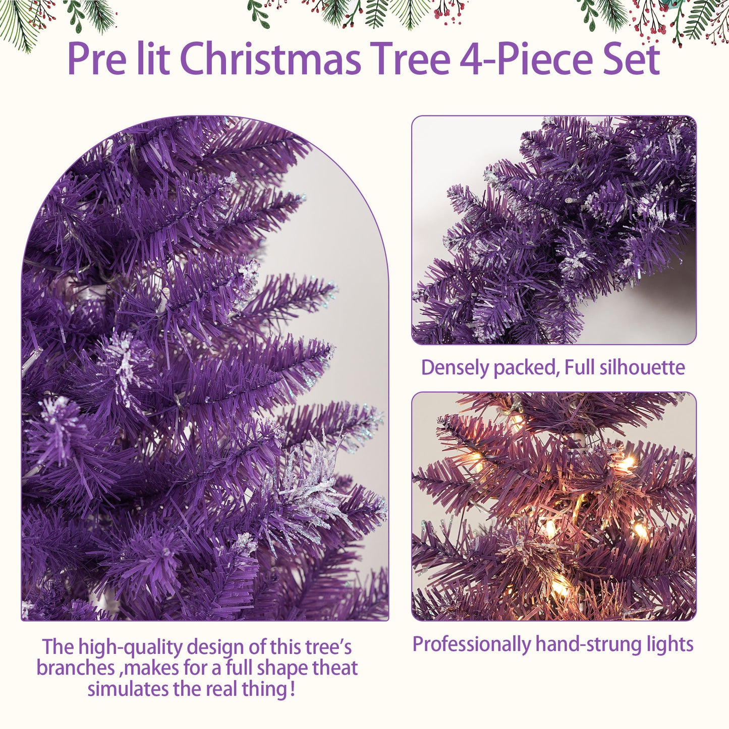 4-Piece Set/Purple Garland, Wreath and Set of 2 Pre-lit Christmas Artificial Trees